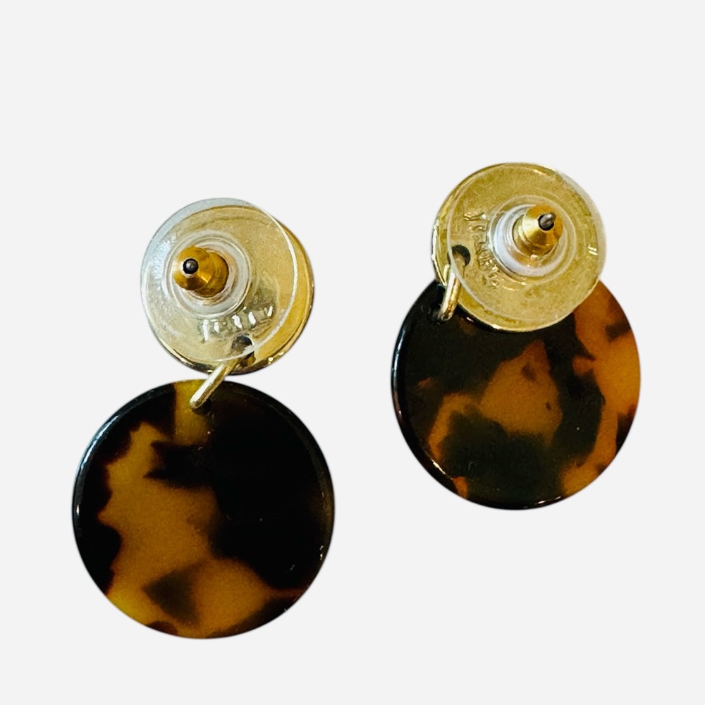 J.Crew Tortoise Shell Gold Double Circle Earrings Dangle Brown Black - Picture 3 of 3